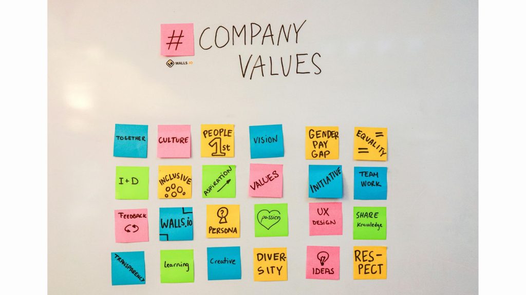 Post it notes of values in various colours